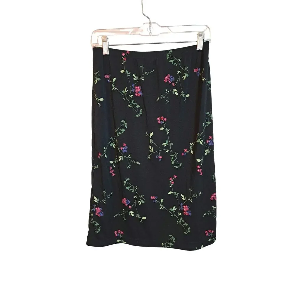 Cherokee Women's Black Floral Midi Skirt Stretch  Boho Cottagecore Sz S